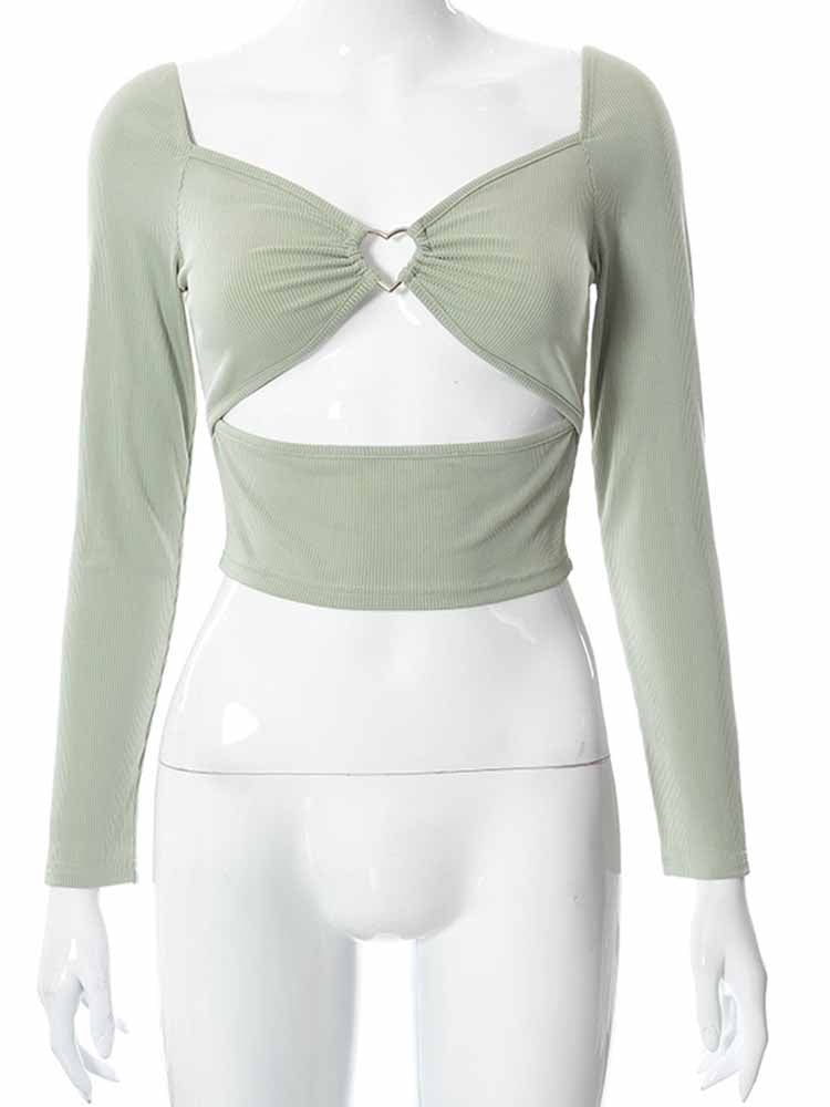Women Square Collar Slim Ribbed T-Shirts Backless Tee