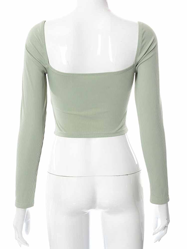 Women Square Collar Slim Ribbed T-Shirts Backless Tee